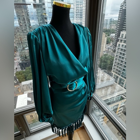 🆕 BRONX & BANCO 🧿 NWOT Monica Long Sleeve Satin Wrap Dress, Fringed Hem - Picture 9 of 16